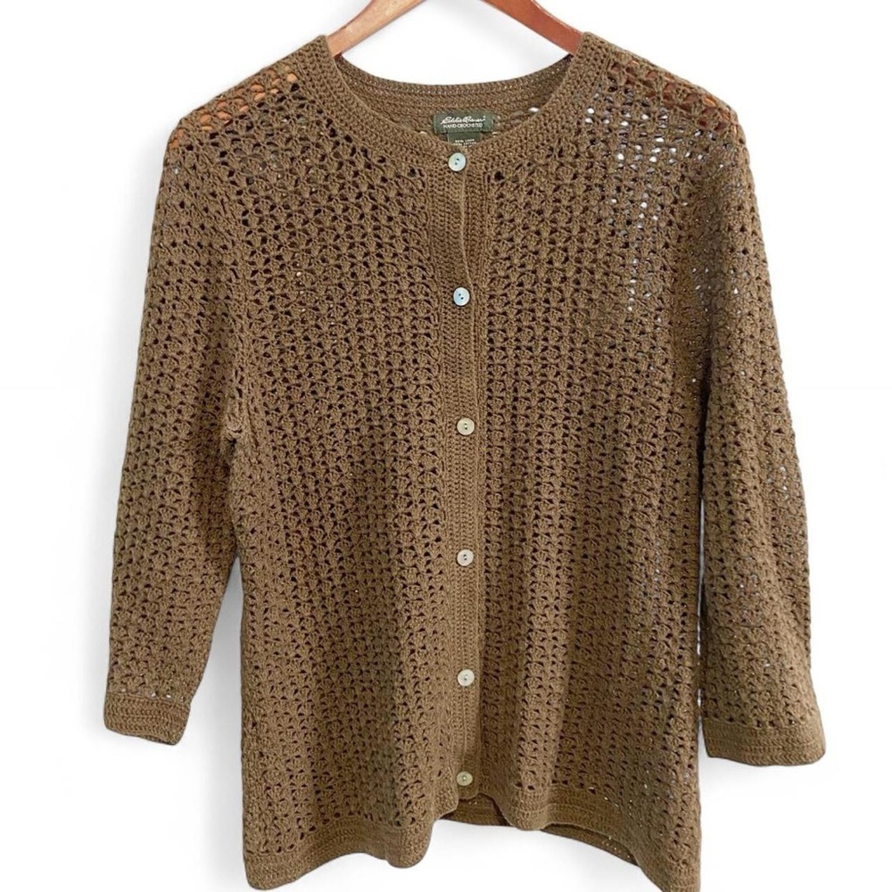 Vintage Eddie Bauer Hand Crocheted Linen Cotton Blend Cardigan - Picture 2 of 7